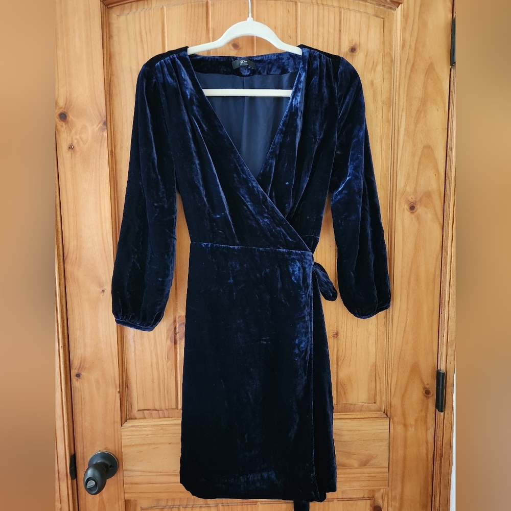 J. Crew Navy Velvet Longsleeve Wrap Dress Size 2